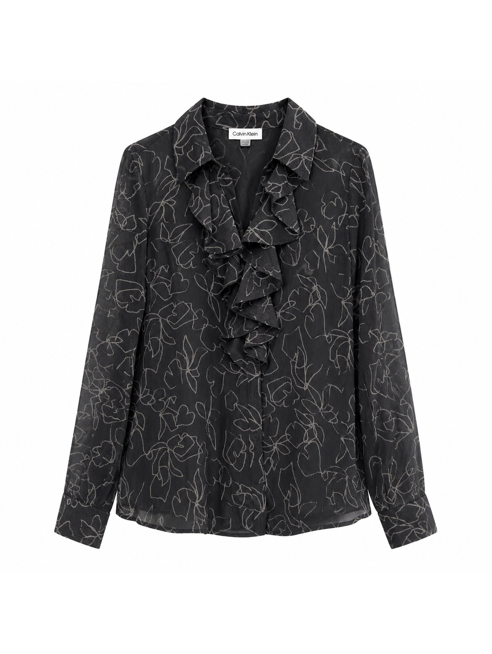 NWT Calvin Klein Gray Floral Ruffle Blouse Sheer Career Top Large